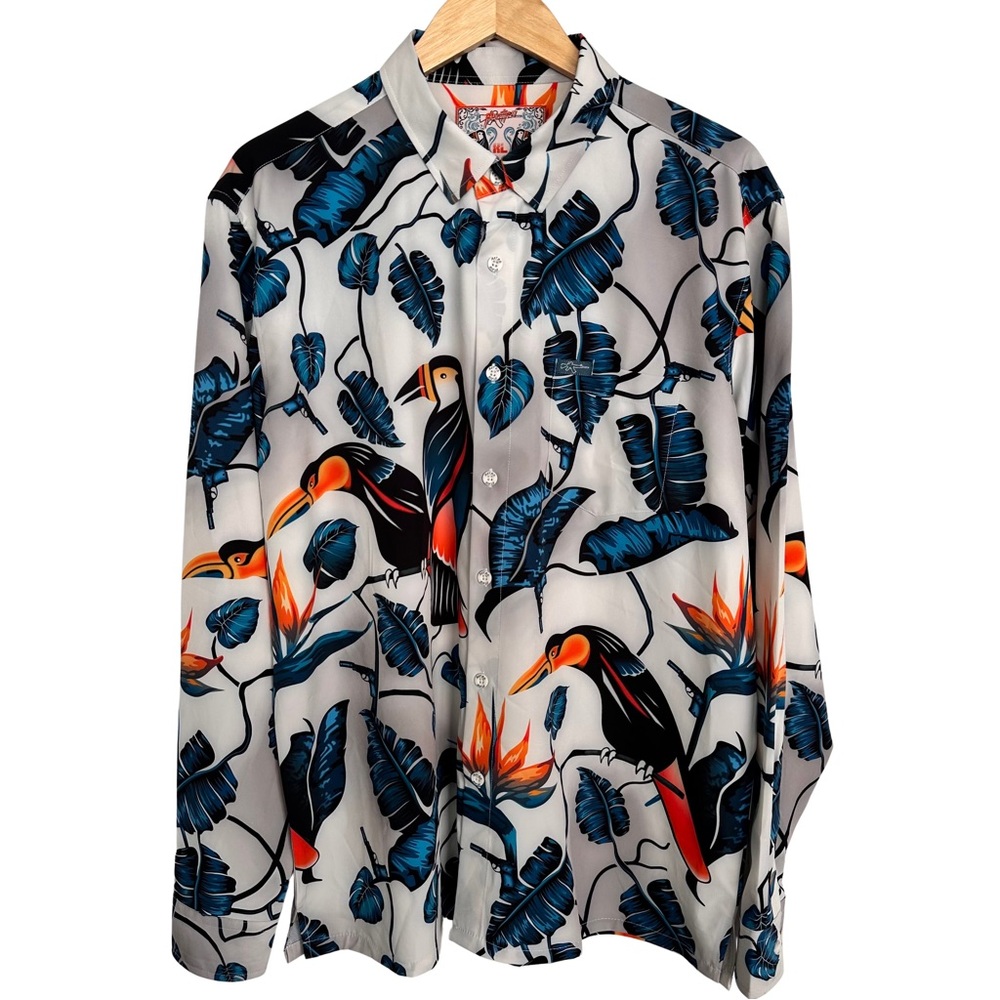 Retro Rifle Tropical Toucan Print Button Up Shirt SZ XL Multicolor Vacation EUC